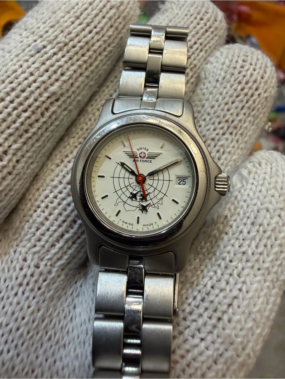 Vintage Swiss Air Force Ladies Pilot Watch Fighter Jets Radar Dial Quartz Steel